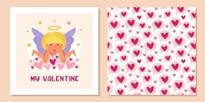 Cupido divertido con halo y corazones. ángel, querubines, niño, bebé. San Valentín de patrones sin fisuras, textura, fondo. plantilla de diseño de tarjetas de felicitación. vector