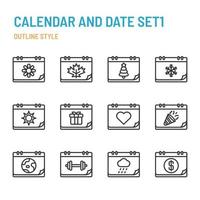 Calendar and Date in outline icon and symbol set vector