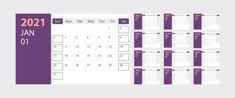 Calendar 2021 week start Sunday corporate design planner template with purple theme vector