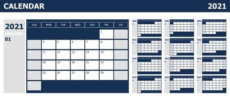 Calendario 2021 semana inicio planificador de diseño dominical con azul y gris vector