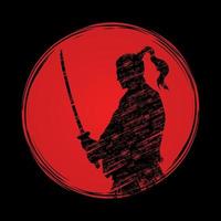 silueta de guerreros samurai en el fondo del atardecer vector