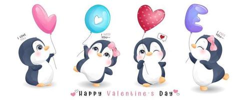 lindo pingüino doodle para la colección del día de san valentín vector