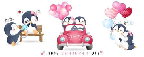 Cute doodle penguin for valentines day collection vector