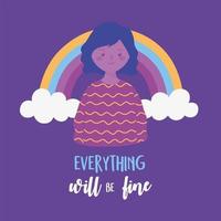 coronavirus messages, smiling girl with rainbow and everything will be fine lettering vector