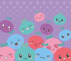 Cartoon kawaii fruits with different faces expressions vector