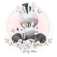 Cute doodle zebra with floral illustration vector