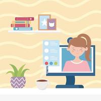 Online meeting concept with young woman in the computer screen vector