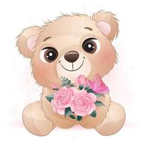 Cute little bear with watercolor illustration vector