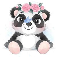 lindo pequeño panda con ilustración acuarela vector