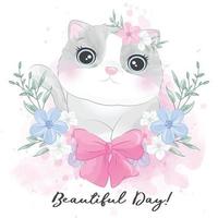 Cute little kitty with watercolor illustration vector