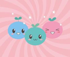 Cartoon kawaii fruits with different faces expressions vector