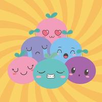 Cartoon kawaii fruits with different faces expressions vector