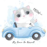 Cute little kitty with watercolor illustration
