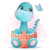 Cute little dinosaur with watercolor illustration vector