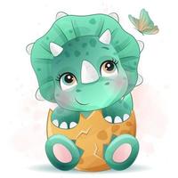 Cute little dinosaur with watercolor illustration vector