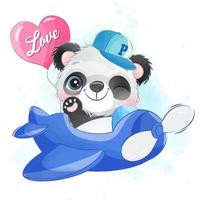 lindo pequeño panda con ilustración acuarela vector