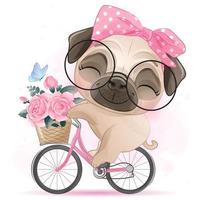 lindo pequeño pug con ilustración acuarela vector