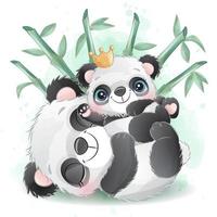 lindo pequeño panda con ilustración acuarela vector