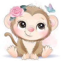 Cute little monkey with watercolor illustration vector