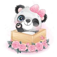 lindo pequeño panda con ilustración acuarela vector