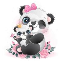 Cute little panda with watercolor illustration