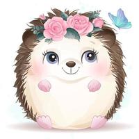 Cute little hedgehog with watercolor illustration vector