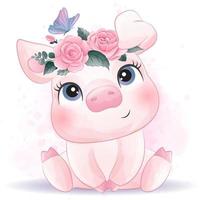 Cute little pig with watercolor illustration vector