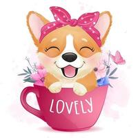 lindo corgi pequeño sentado dentro de una taza vector