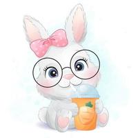 Cute little bunny drinking a carrot juice illustration vector