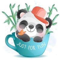 lindo pequeño panda con ilustración acuarela vector