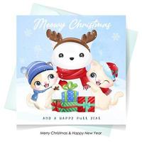 Cute doodle kitty for christmas day with watercolor illustration vector