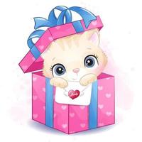 Cute little kitty sitting inside gift box illustration vector