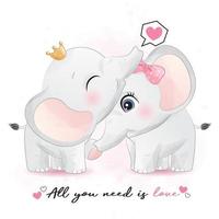 Cute elephant couple with watercolor illustration