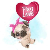 lindo pequeño pug con ilustración acuarela vector