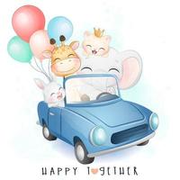 Cute little animals driving a car with watercolor illustration