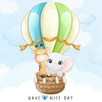 Cute little giraffe and elephant flying with air balloon illustration