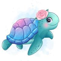 Cute little sea turtle with watercolor illustration vector