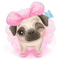 lindo pequeño pug con ilustración acuarela vector