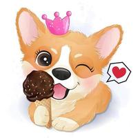 lindo corgi comiendo helado con acuarela vector