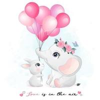 Cute little bunny and elephant with watercolor illustration vector