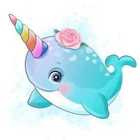Cute little narwhal with watercolor illustration