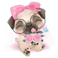 lindo pequeño pug con ilustración acuarela vector