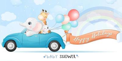 Cute animals driving a car with watercolor illustration vector