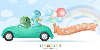 lindo dinosaurio conduciendo un coche con ilustración de acuarela vector