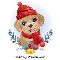 lindo perrito doodle para navidad con ilustración de acuarela vector