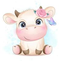 Cute little cow with watercolor illustration vector