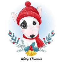 lindo perrito doodle para navidad con ilustración de acuarela vector