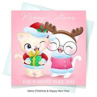Cute doodle kitty for christmas day with watercolor illustration vector