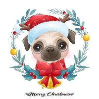 lindo perrito doodle para navidad con ilustración de acuarela vector