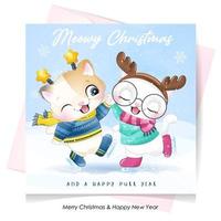 Cute doodle kitty for christmas day with watercolor illustration vector